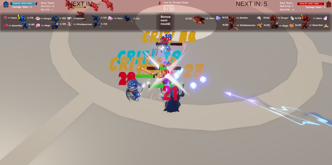 The two armies meet at the centre of the arena