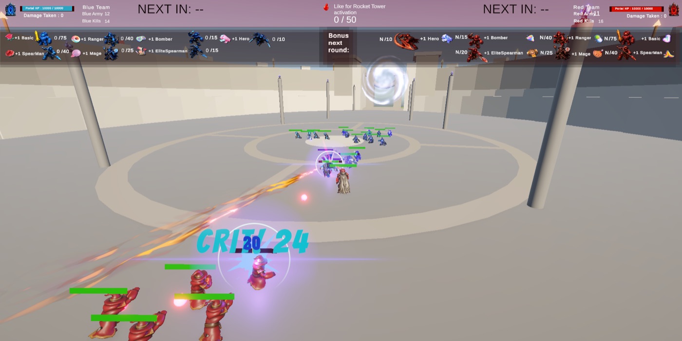Red golems charge the ring while a rocket tower fires across it
